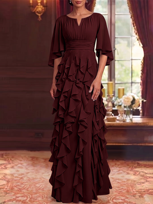 A-Line/Princess Scoop Chiffon Mother of the Bride Dresses Floor-Length Ruffles 3/4 Sleeves