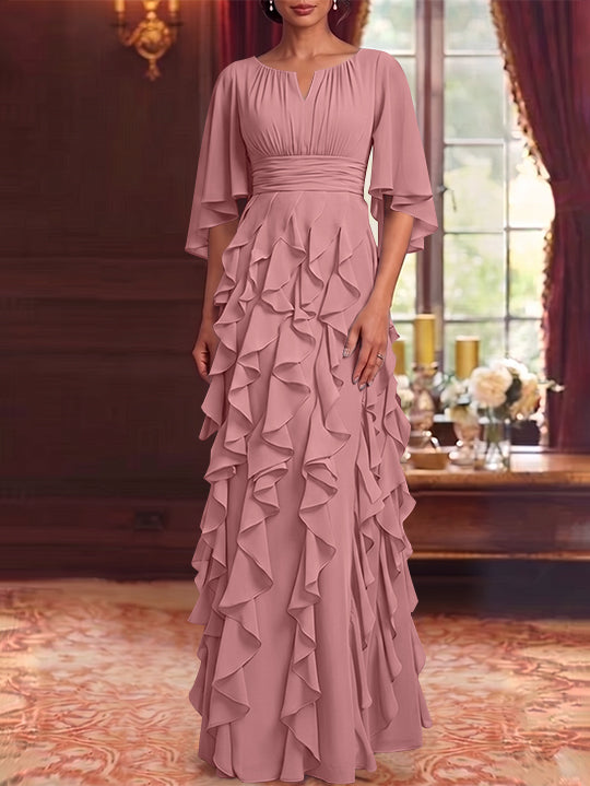 A-Line/Princess Scoop Chiffon Mother of the Bride Dresses Floor-Length Ruffles 3/4 Sleeves