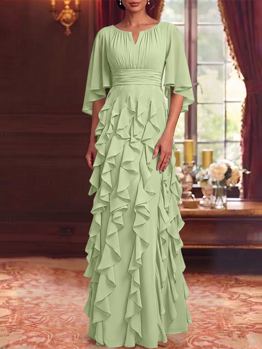 A-Line/Princess Scoop Chiffon Mother of the Bride Dresses Floor-Length Ruffles 3/4 Sleeves