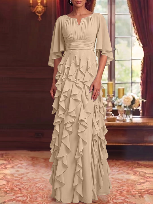 A-Line/Princess Scoop Chiffon Mother of the Bride Dresses Floor-Length Ruffles 3/4 Sleeves