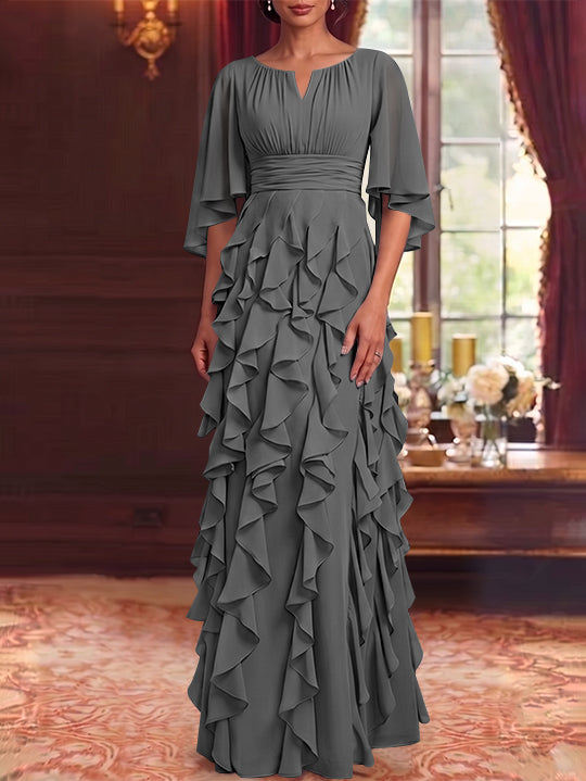 A-Line/Princess Scoop Chiffon Mother of the Bride Dresses Floor-Length Ruffles 3/4 Sleeves