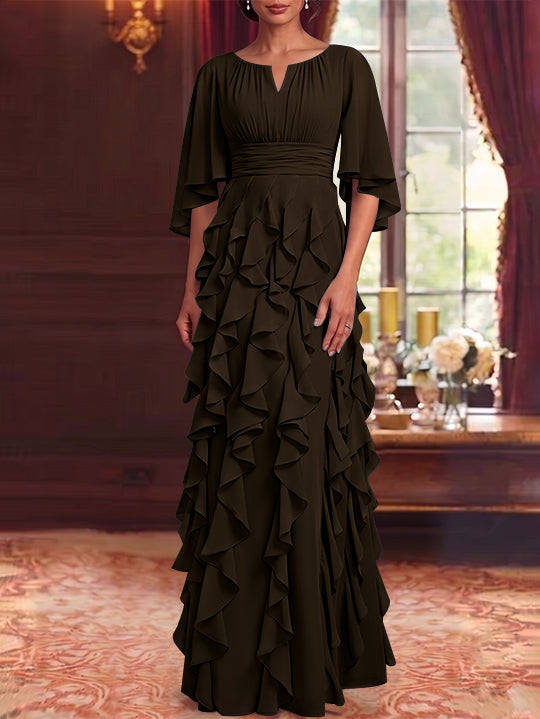 A-Line/Princess Scoop Chiffon Mother of the Bride Dresses Floor-Length Ruffles 3/4 Sleeves