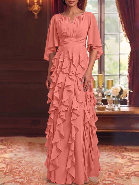 A-Line/Princess Scoop Chiffon Mother of the Bride Dresses Floor-Length Ruffles 3/4 Sleeves