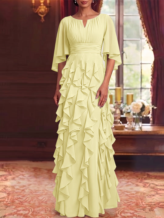 A-Line/Princess Scoop Chiffon Mother of the Bride Dresses Floor-Length Ruffles 3/4 Sleeves