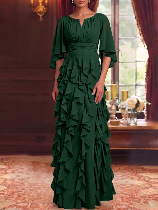 A-Line/Princess Scoop Chiffon Mother of the Bride Dresses Floor-Length Ruffles 3/4 Sleeves