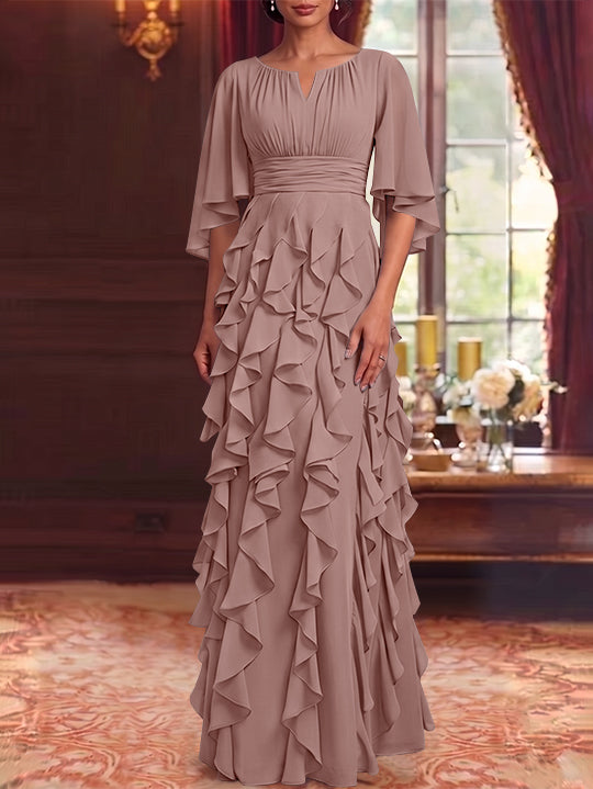 A-Line/Princess Scoop Chiffon Mother of the Bride Dresses Floor-Length Ruffles 3/4 Sleeves