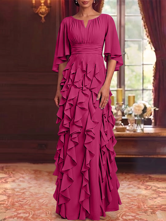 A-Line/Princess Scoop Chiffon Mother of the Bride Dresses Floor-Length Ruffles 3/4 Sleeves