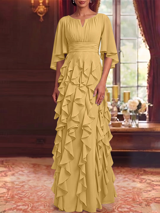 A-Line/Princess Scoop Chiffon Mother of the Bride Dresses Floor-Length Ruffles 3/4 Sleeves