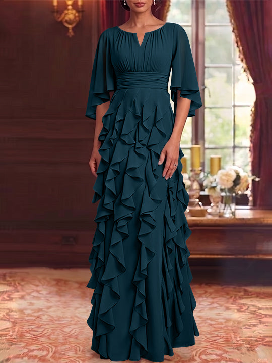 A-Line/Princess Scoop Chiffon Mother of the Bride Dresses Floor-Length Ruffles 3/4 Sleeves