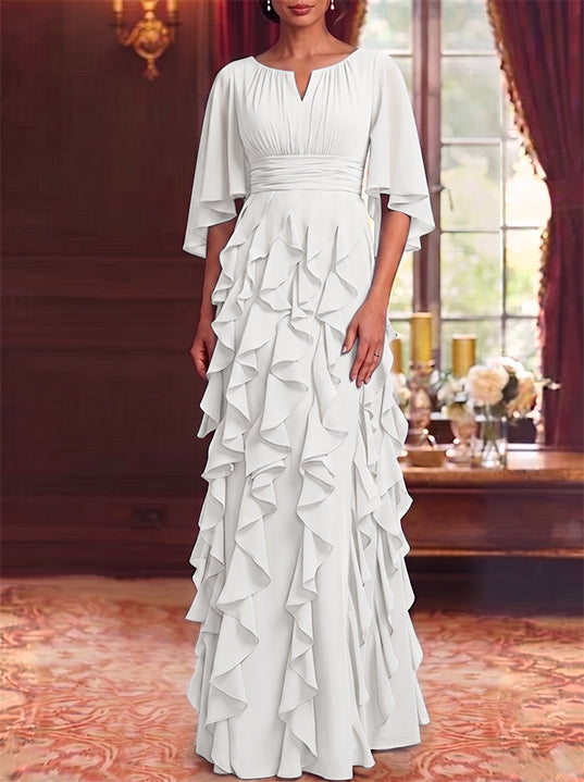 A-Line/Princess Scoop Chiffon Mother of the Bride Dresses Floor-Length Ruffles 3/4 Sleeves
