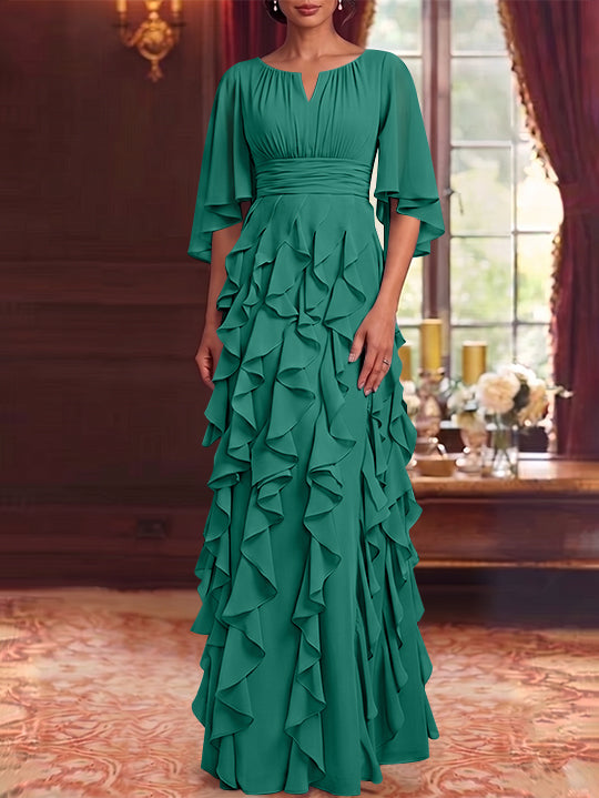 A-Line/Princess Scoop Chiffon Mother of the Bride Dresses Floor-Length Ruffles 3/4 Sleeves