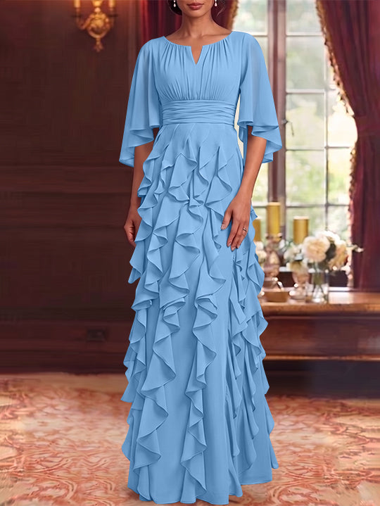 A-Line/Princess Scoop Chiffon Mother of the Bride Dresses Floor-Length Ruffles 3/4 Sleeves