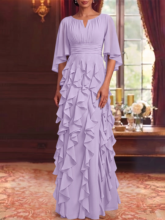 A-Line/Princess Scoop Chiffon Mother of the Bride Dresses Floor-Length Ruffles 3/4 Sleeves