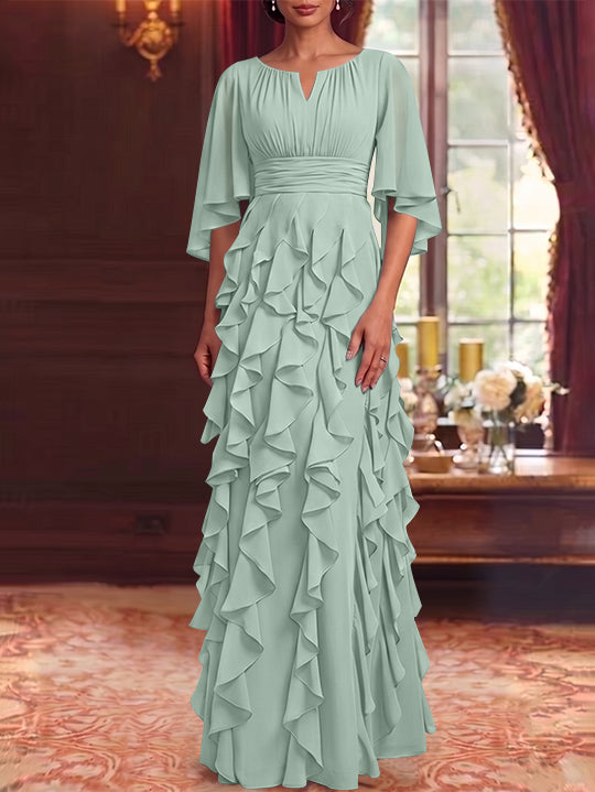 A-Line/Princess Scoop Chiffon Mother of the Bride Dresses Floor-Length Ruffles 3/4 Sleeves