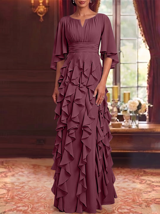 A-Line/Princess Scoop Chiffon Mother of the Bride Dresses Floor-Length Ruffles 3/4 Sleeves