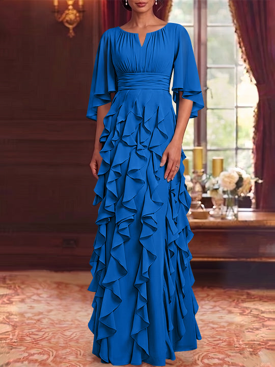 A-Line/Princess Scoop Chiffon Mother of the Bride Dresses Floor-Length Ruffles 3/4 Sleeves