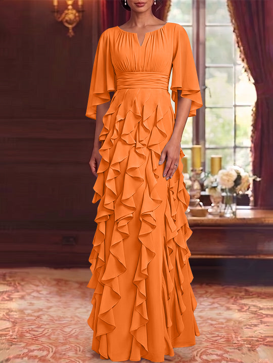A-Line/Princess Scoop Chiffon Mother of the Bride Dresses Floor-Length Ruffles 3/4 Sleeves