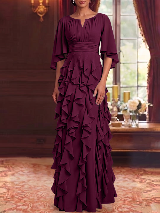 A-Line/Princess Scoop Chiffon Mother of the Bride Dresses Floor-Length Ruffles 3/4 Sleeves