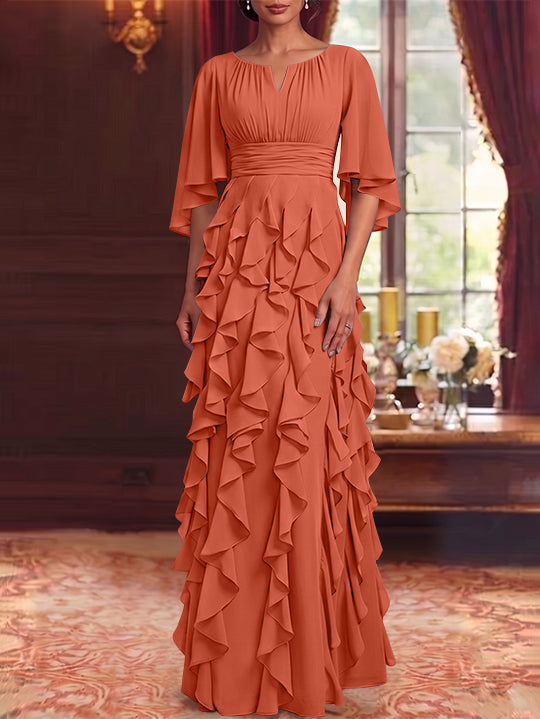 A-Line/Princess Scoop Chiffon Mother of the Bride Dresses Floor-Length Ruffles 3/4 Sleeves