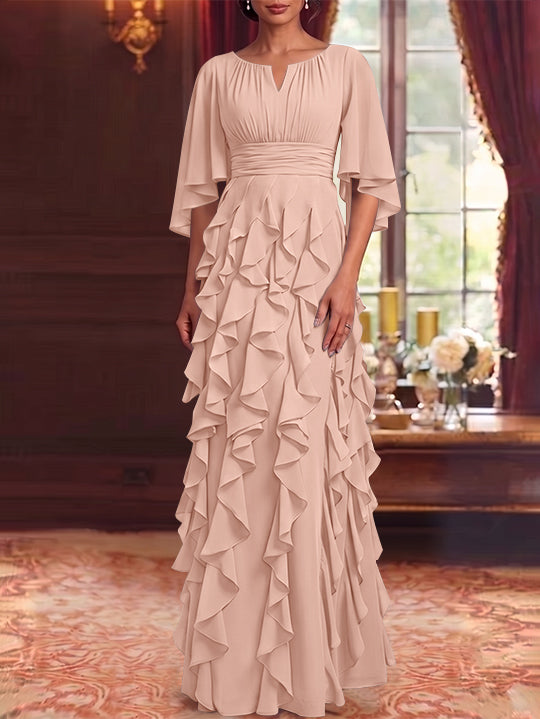 A-Line/Princess Scoop Chiffon Mother of the Bride Dresses Floor-Length Ruffles 3/4 Sleeves