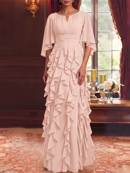 A-Line/Princess Scoop Chiffon Mother of the Bride Dresses Floor-Length Ruffles 3/4 Sleeves