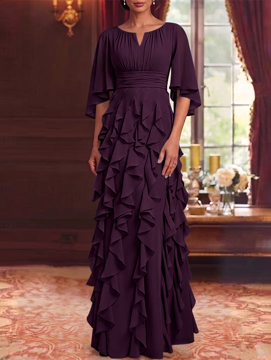 A-Line/Princess Scoop Chiffon Mother of the Bride Dresses Floor-Length Ruffles 3/4 Sleeves