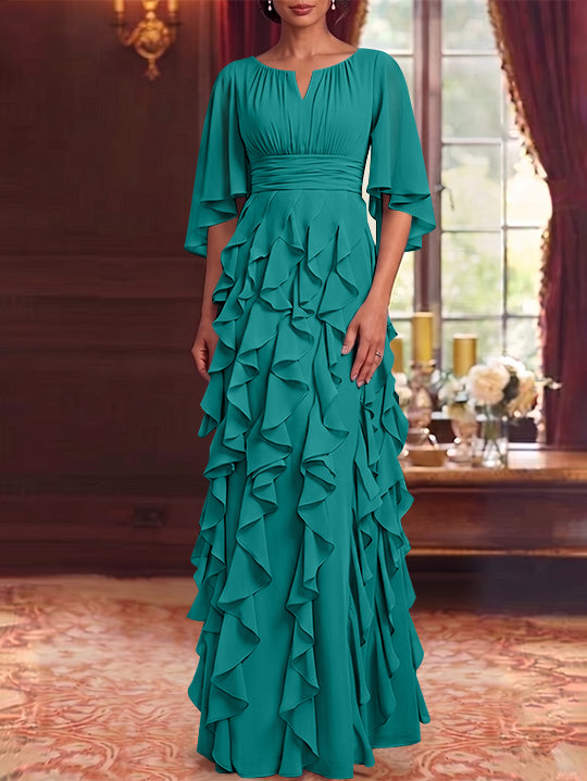 A-Line/Princess Scoop Chiffon Mother of the Bride Dresses Floor-Length Ruffles 3/4 Sleeves