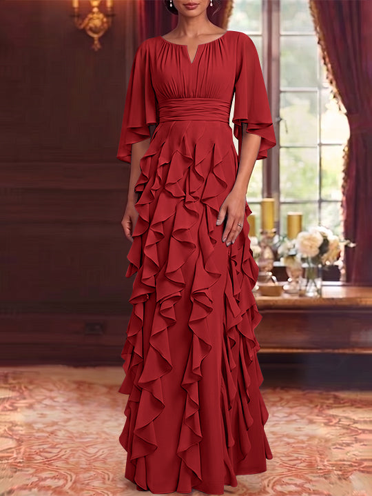 A-Line/Princess Scoop Chiffon Mother of the Bride Dresses Floor-Length Ruffles 3/4 Sleeves