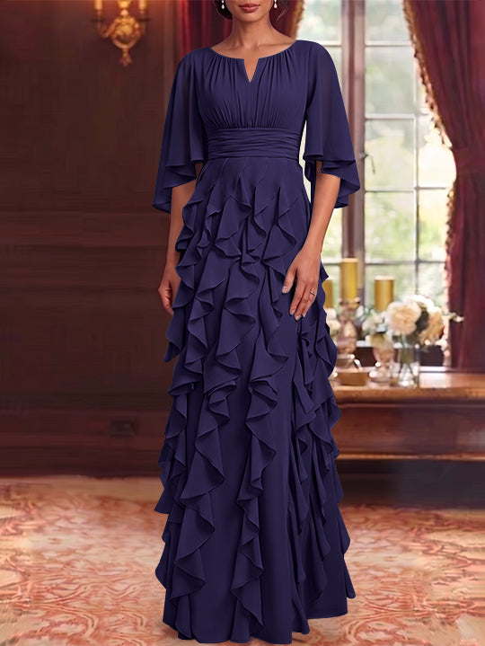 A-Line/Princess Scoop Chiffon Mother of the Bride Dresses Floor-Length Ruffles 3/4 Sleeves