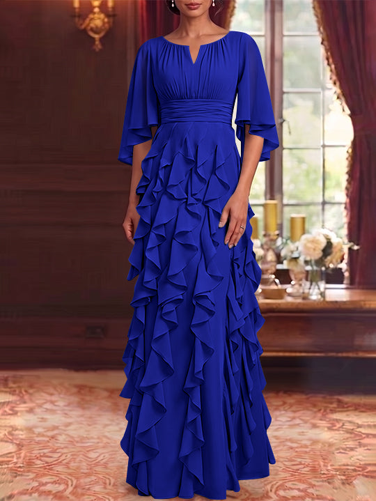 A-Line/Princess Scoop Chiffon Mother of the Bride Dresses Floor-Length Ruffles 3/4 Sleeves
