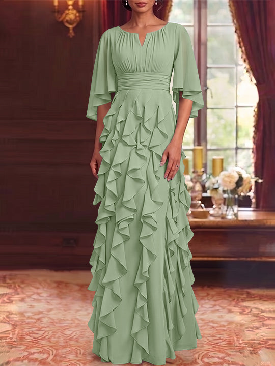 A-Line/Princess Scoop Chiffon Mother of the Bride Dresses Floor-Length Ruffles 3/4 Sleeves