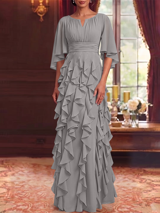 A-Line/Princess Scoop Chiffon Mother of the Bride Dresses Floor-Length Ruffles 3/4 Sleeves