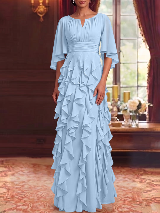 A-Line/Princess Scoop Chiffon Mother of the Bride Dresses Floor-Length Ruffles 3/4 Sleeves