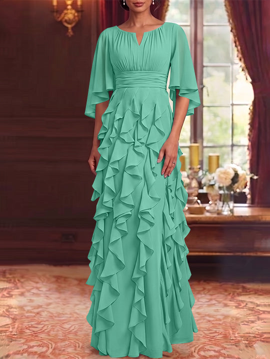 A-Line/Princess Scoop Chiffon Mother of the Bride Dresses Floor-Length Ruffles 3/4 Sleeves