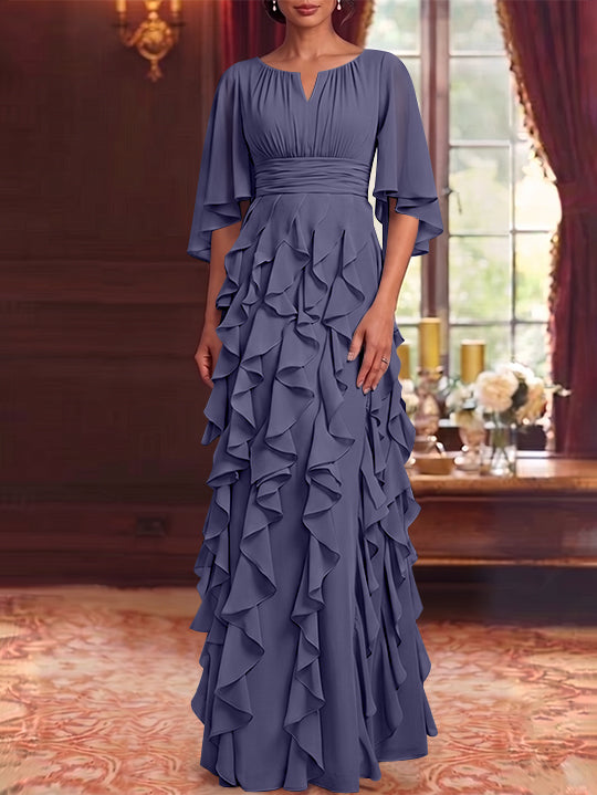 A-Line/Princess Scoop Chiffon Mother of the Bride Dresses Floor-Length Ruffles 3/4 Sleeves