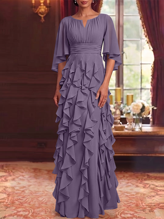 A-Line/Princess Scoop Chiffon Mother of the Bride Dresses Floor-Length Ruffles 3/4 Sleeves
