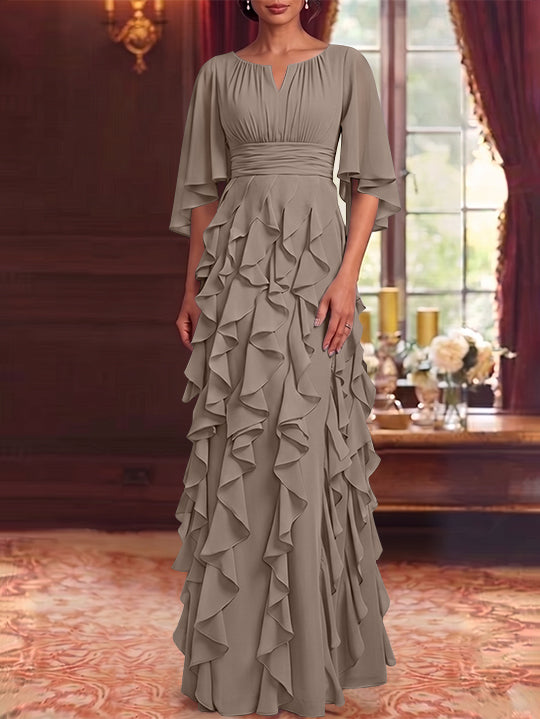 A-Line/Princess Scoop Chiffon Mother of the Bride Dresses Floor-Length Ruffles 3/4 Sleeves