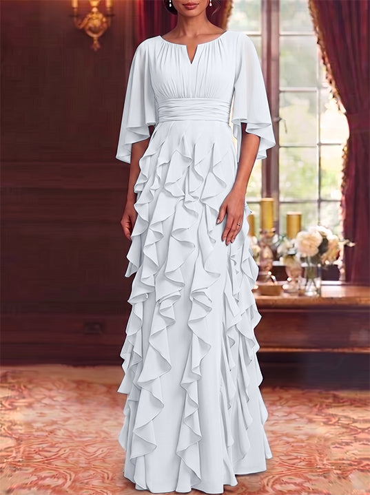 A-Line/Princess Scoop Chiffon Mother of the Bride Dresses Floor-Length Ruffles 3/4 Sleeves