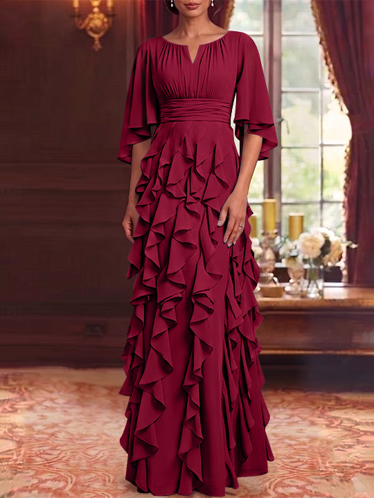 A-Line/Princess Scoop Chiffon Mother of the Bride Dresses Floor-Length Ruffles 3/4 Sleeves
