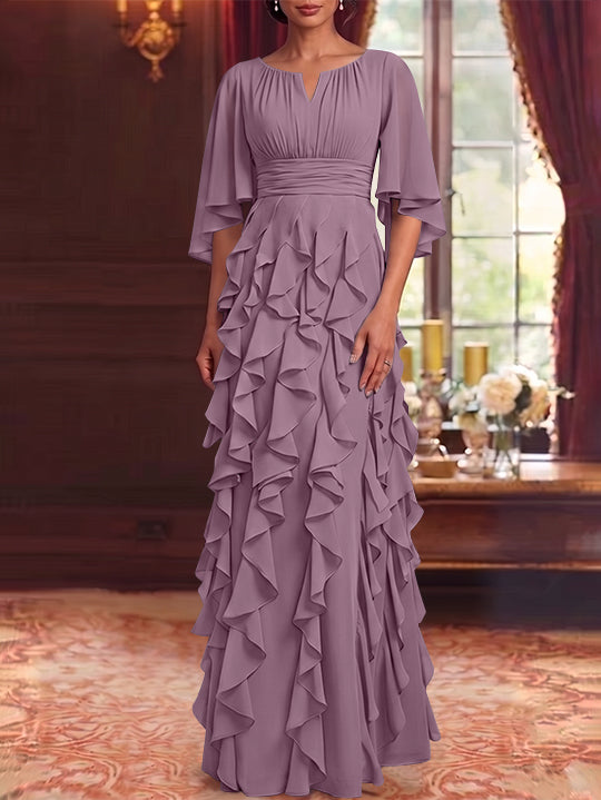 A-Line/Princess Scoop Chiffon Mother of the Bride Dresses Floor-Length Ruffles 3/4 Sleeves