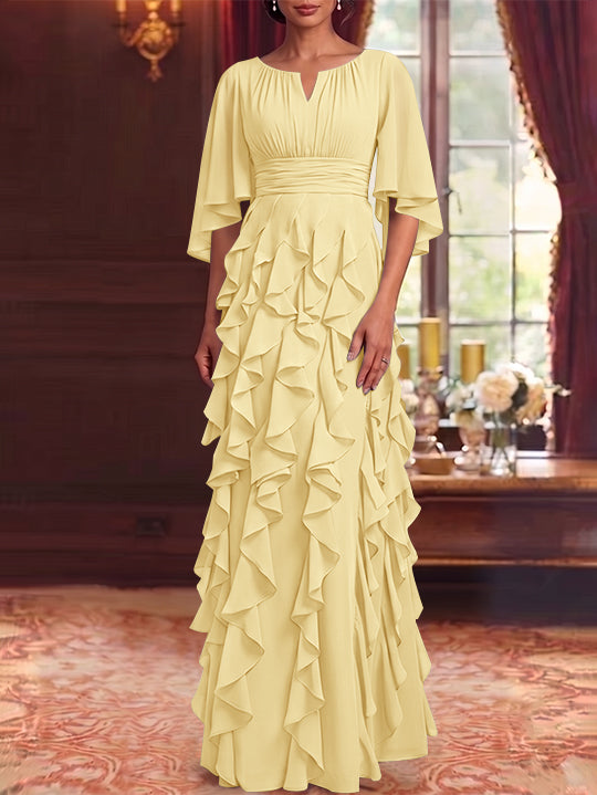 A-Line/Princess Scoop Chiffon Mother of the Bride Dresses Floor-Length Ruffles 3/4 Sleeves