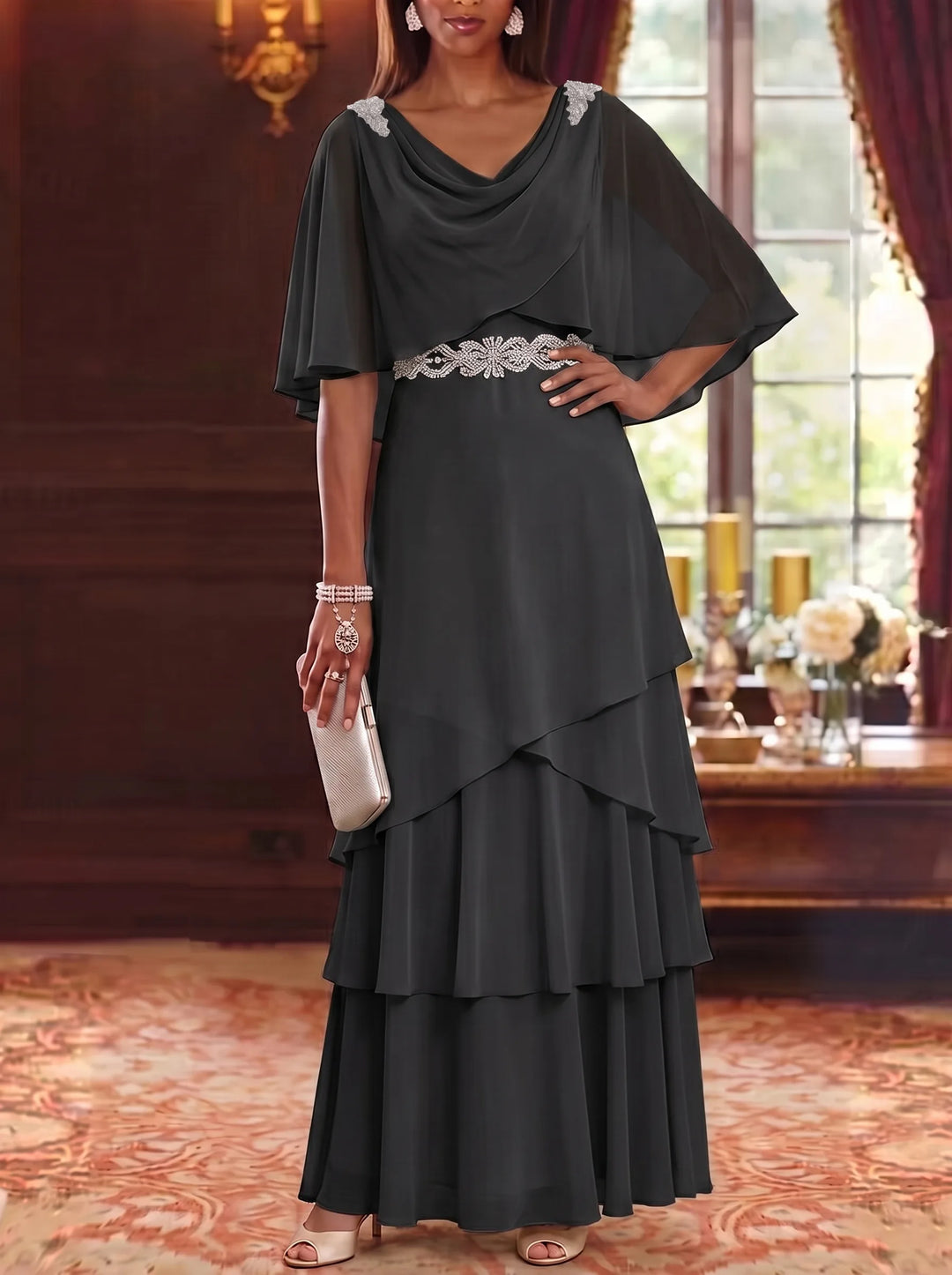 A-Line/Princess Cowl Neck Chiffon Mother of the Bride Dresses Floor-Length Ruffles Cape Sleeves Sash