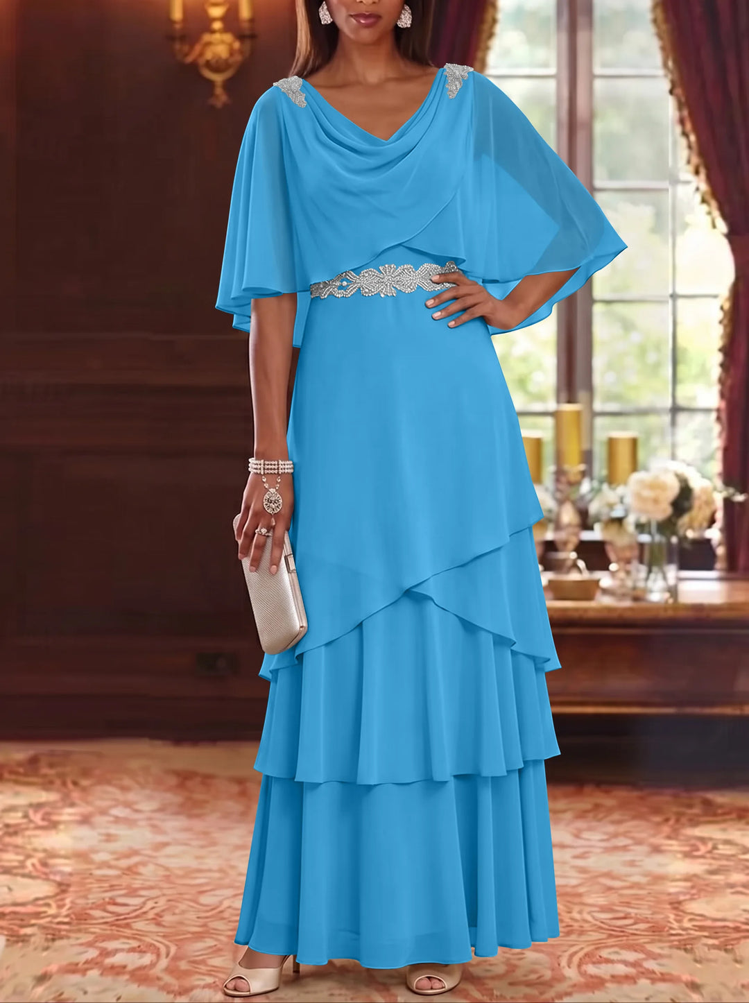 A-Line/Princess Cowl Neck Chiffon Mother of the Bride Dresses Floor-Length Ruffles Cape Sleeves Sash