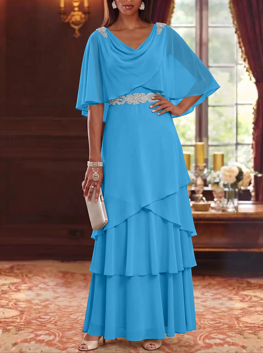 A-Line/Princess Cowl Neck Chiffon Mother of the Bride Dresses Floor-Length Ruffles Cape Sleeves Sash