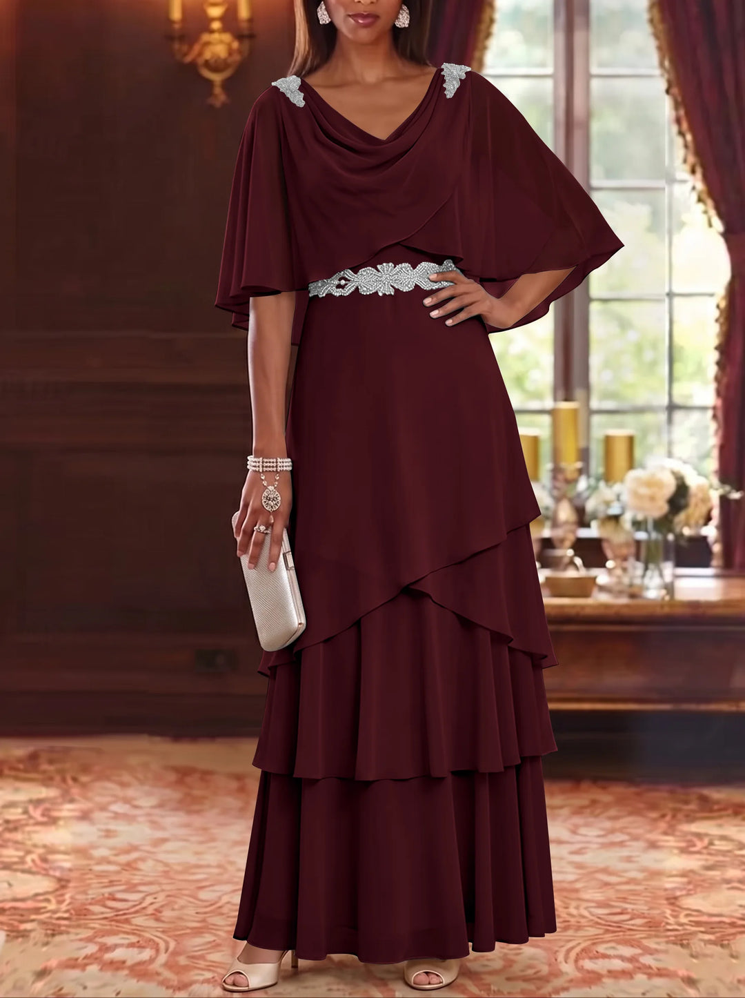 A-Line/Princess Cowl Neck Chiffon Mother of the Bride Dresses Floor-Length Ruffles Cape Sleeves Sash