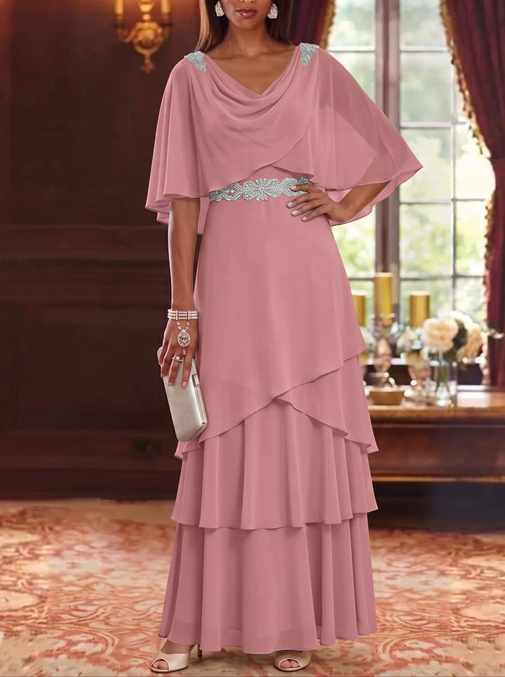 A-Line/Princess Cowl Neck Chiffon Mother of the Bride Dresses Floor-Length Ruffles Cape Sleeves Sash