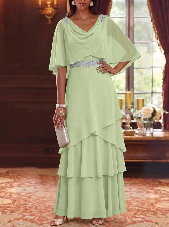 A-Line/Princess Cowl Neck Chiffon Mother of the Bride Dresses Floor-Length Ruffles Cape Sleeves Sash