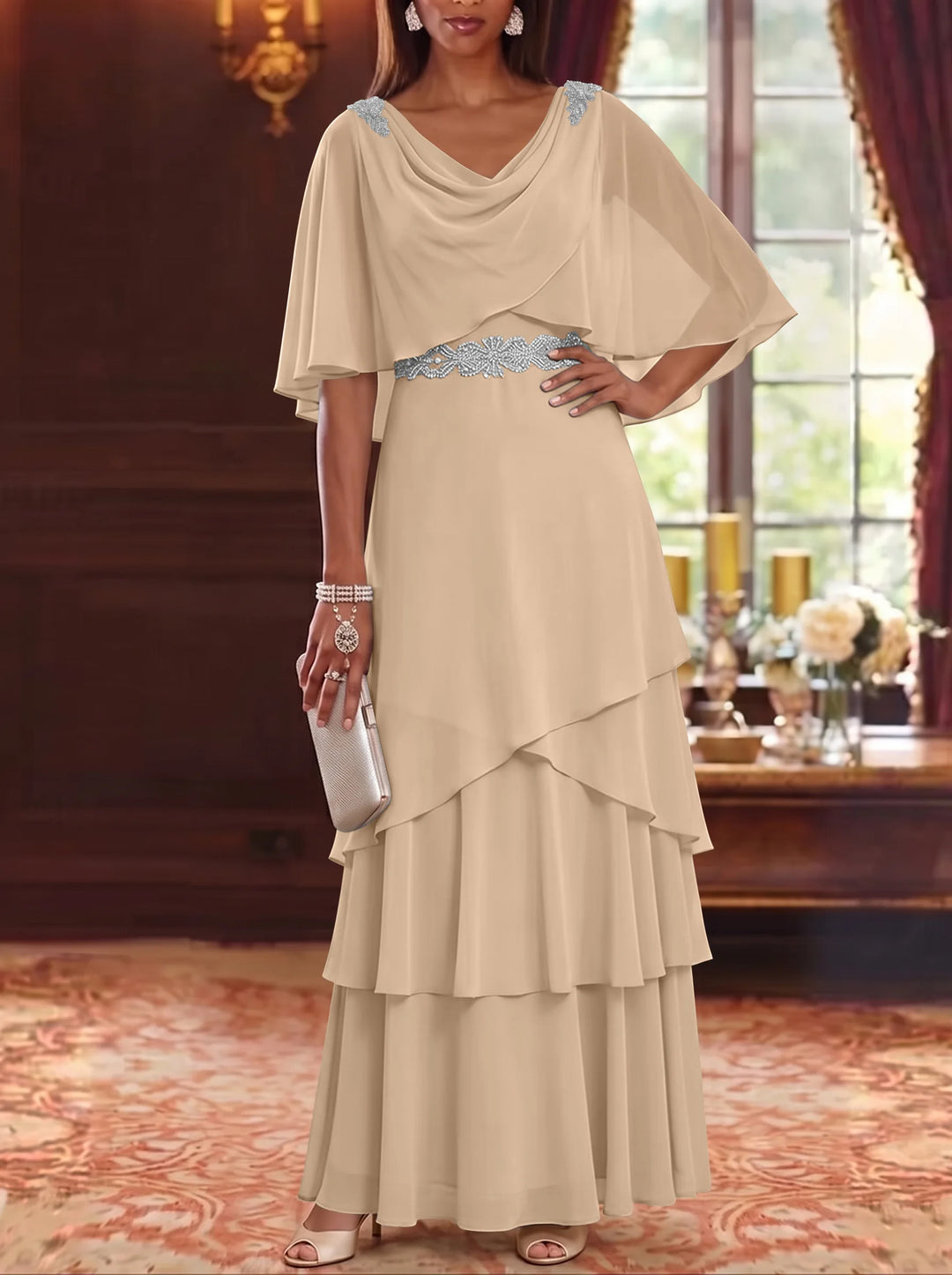 A-Line/Princess Cowl Neck Chiffon Mother of the Bride Dresses Floor-Length Ruffles Cape Sleeves Sash