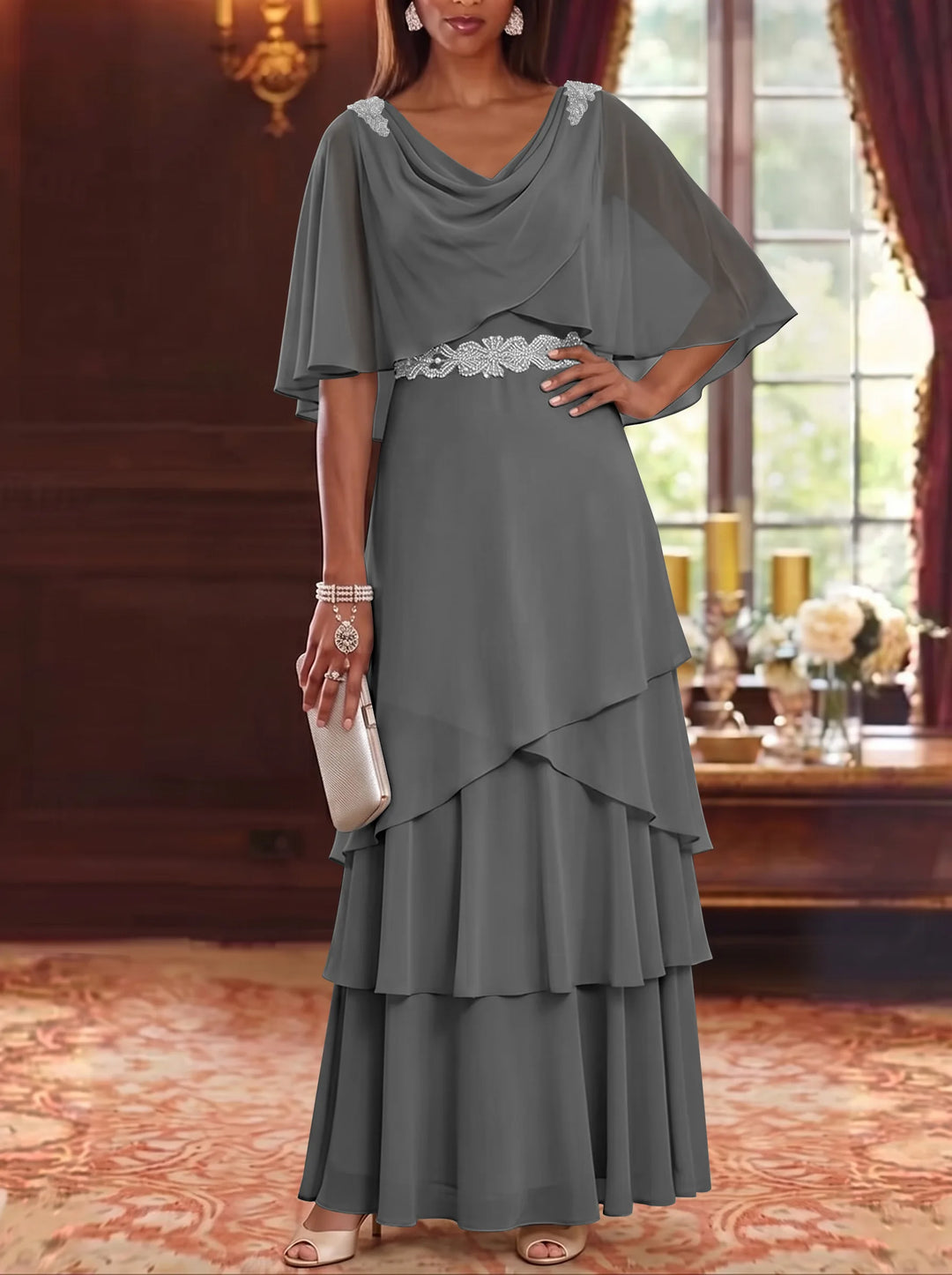 A-Line/Princess Cowl Neck Chiffon Mother of the Bride Dresses Floor-Length Ruffles Cape Sleeves Sash