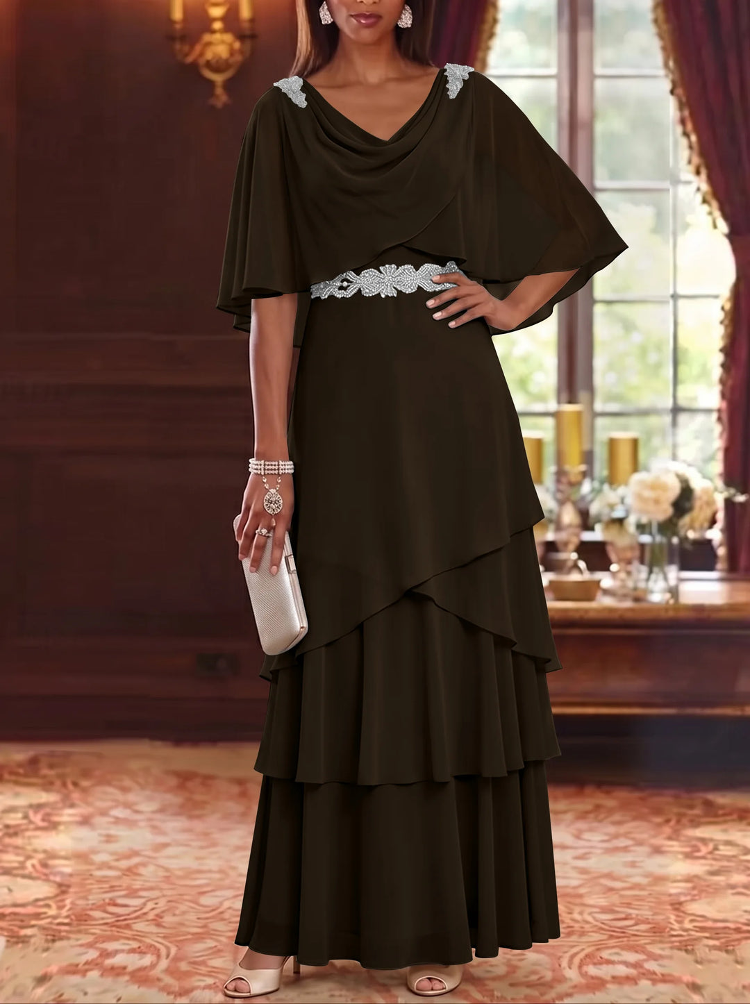A-Line/Princess Cowl Neck Chiffon Mother of the Bride Dresses Floor-Length Ruffles Cape Sleeves Sash